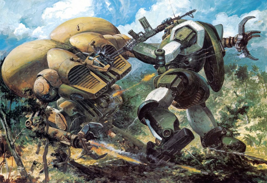Ilustração de um robô gigante com armas enfrentando uma máquina voadora em um cenário natural, com árvores e céu azul ao fundo.