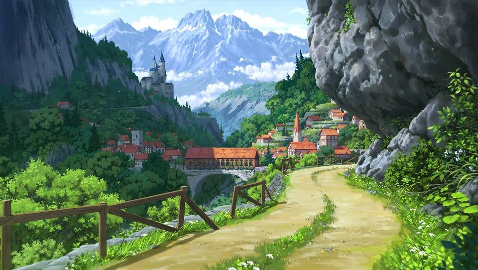 Uma estrada de terra cercada por montanhas majestosas e vegetação exuberante, levando a uma vila encantadora com casas de telhados vermelhos e uma igreja com uma torre, situada em um vale com montanhas ao fundo.