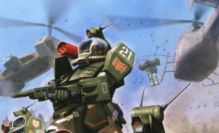 Mecha militar verde em um campo de batalha, com helicópteros voando ao fundo e fumaça no ar.