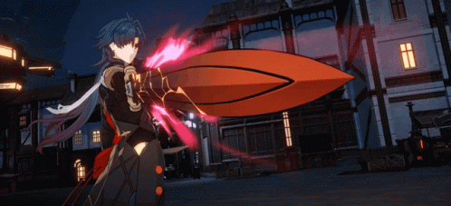 Personagem de anime em uma pose de combate, segurando uma espada grande e vermelha com energia brilhante ao redor.