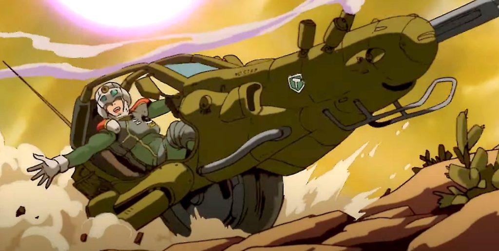 Um personagem pilotando um veículo militar em um terreno árido, expressando emoção enquanto avança rapidamente.