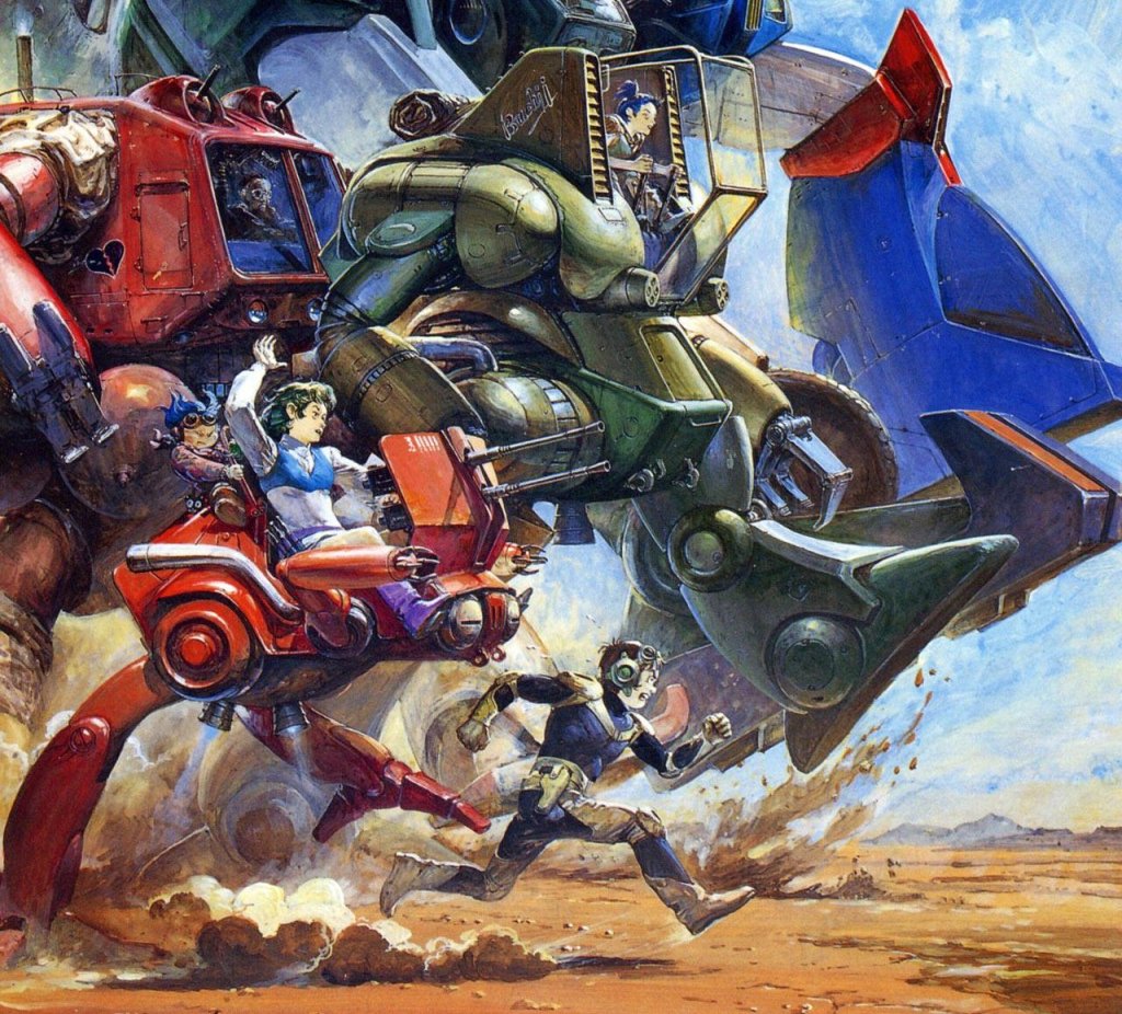 Uma ilustração vibrante de robôs gigantes em ação, com um grupo de pessoas correndo em direção a eles em um ambiente desértico.