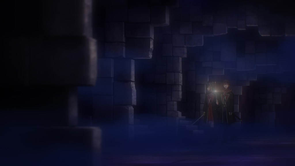 Personagens em uma caverna sombria iluminada por uma tocha, com paredes de pedra e névoa no chão.