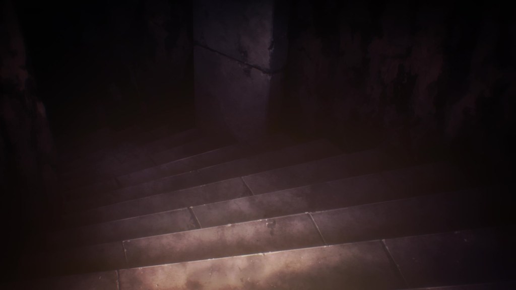 Escadas em um ambiente escuro, com iluminação fraca e paredes deterioradas.