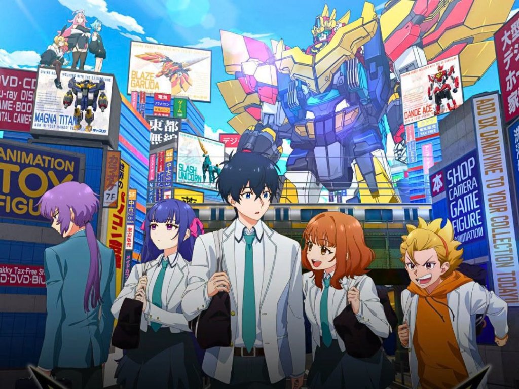 Grupo de jovens em um ambiente urbano vibrante, com anúncios de robôs e figuras de anime ao fundo. Um grande mecha colorido se destaca atrás deles, enquanto os personagens usam uniformes escolares e carregam bolsas.