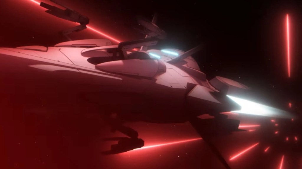 Nave espacial futurista em um fundo escuro, com raios de luz vermelha emanando dela.