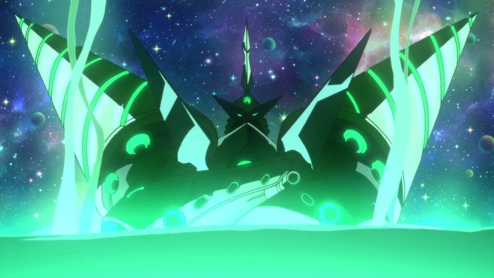 Uma nave espacial futurista com detalhes pretos e verdes, emergindo de uma aura brilhante em um cenário cósmico repleto de estrelas e planetas.