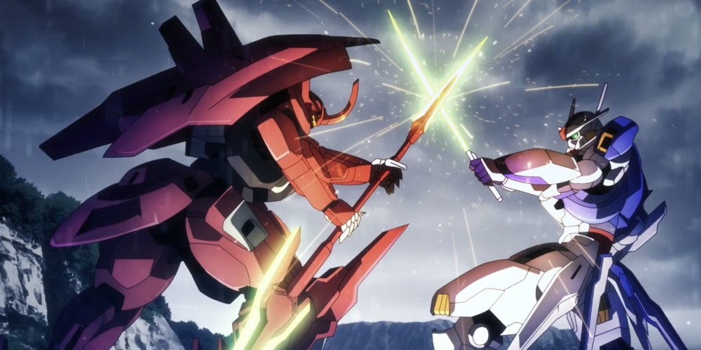 Dois mechas gigantes em combate, um vermelho e outro azul, com raios de energia surgindo do impacto de suas armas.