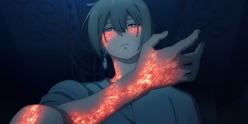 Um jovem com cabelo claro e uma expressão preocupada observa seu braço, que está iluminado por um brilho avermelhado, como se estivesse danificado ou em transformação.