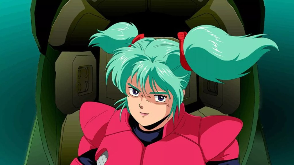 Personagem de desenho animado com cabelos azuis claros e coque, vestindo uma armadura rosa, em um ambiente futurista.