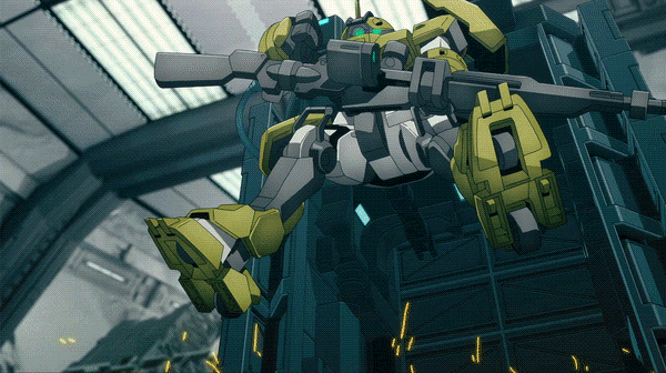 Mecha amarelo em movimento, segurando uma arma, em um ambiente futurista com estrutura metálica.